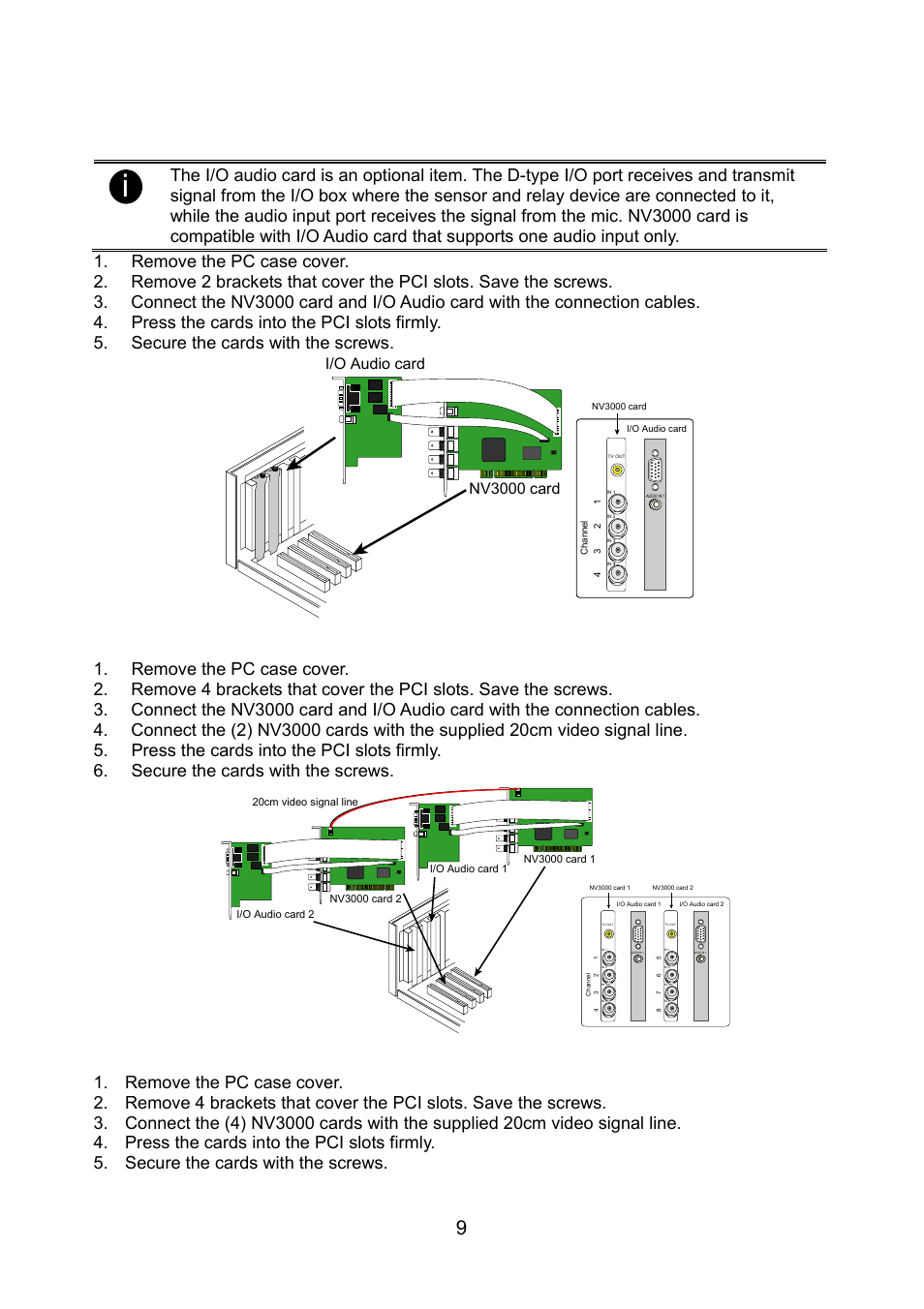 3 nv3000 hardware installation, Nv3000 hardware installation, Installing (4) nv3000 cards | Chapter 2 hardware installation, Nv3000 card i/o audio card | AVerMedia Technologies NV 6000 EXP User Manual | Page 18 / 120