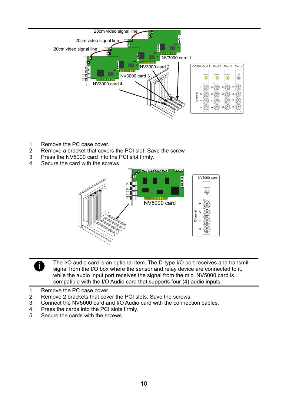 4 nv5000 hardware installation, 1 installing (1) nv5000 card, Nv5000 hardware installation | Installing (1) nv5000 card, Installing (1) nv5000 and (1) i/o audio cards, Nv5000 card | AVerMedia Technologies NV 6000 EXP User Manual | Page 19 / 120