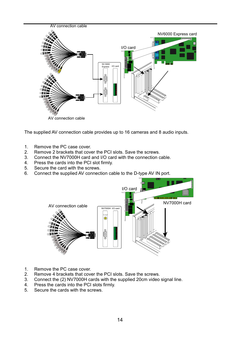 7 nv7000h hardware installation, 2 installing (2) nv7000h and (2) i/o cards, Nv7000h hardware installation | Installing (1) nv7000h and i/o card, Installing (2) nv7000h and (2) i/o cards | AVerMedia Technologies NV 6000 EXP User Manual | Page 23 / 120