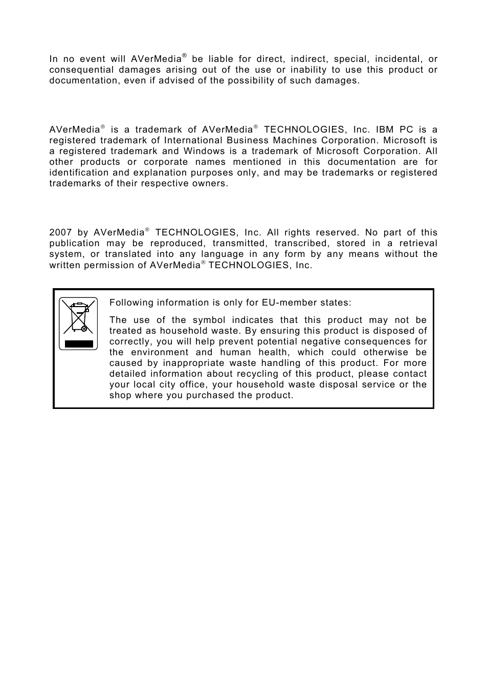 Trademarks, Copyright | AVerMedia Technologies NV 6000 EXP User Manual | Page 3 / 120