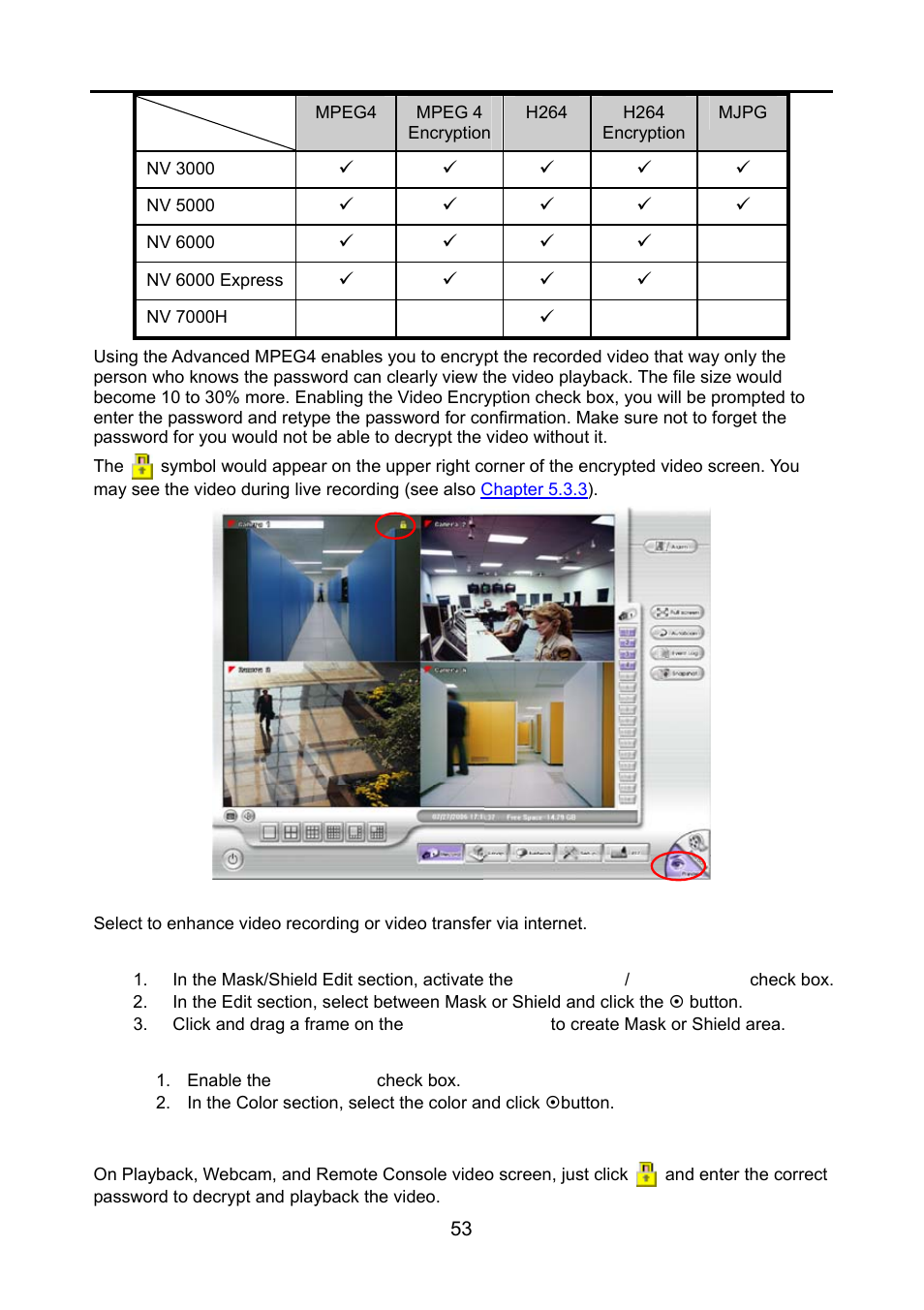 3 to playback encrypted video, To mask/shield an area on the screen, To show and change the color of the mask | To playback encrypted video | AVerMedia Technologies NV 6000 EXP User Manual | Page 62 / 120