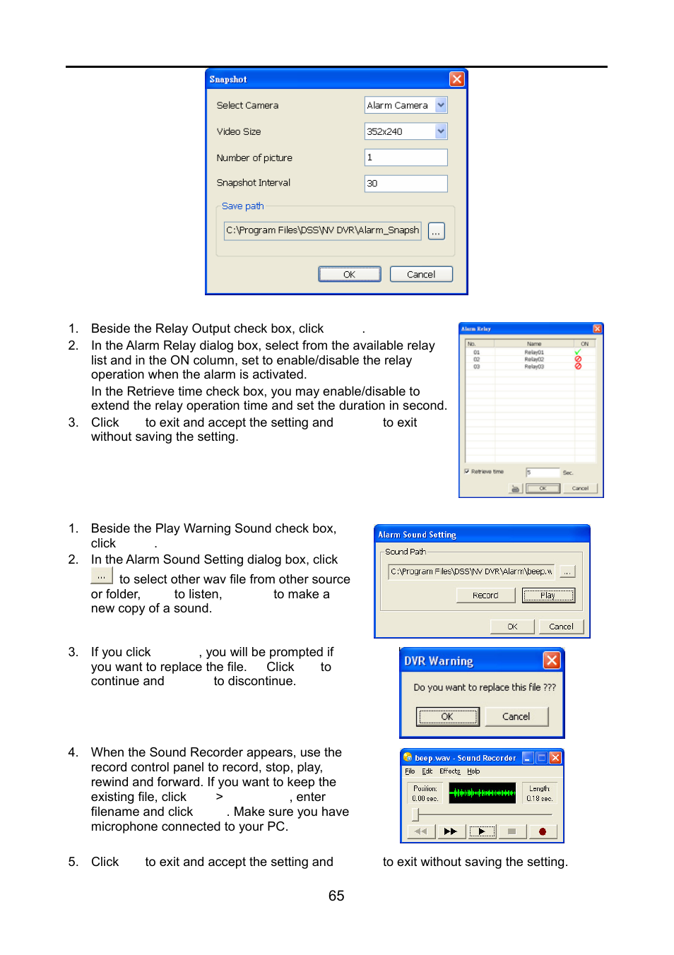 1 to setup alarm relay, 2 to setup the alarm sound setting, To setup alarm relay | To setup the alarm sound setting, Chapter 5.9.1, Also, Chapter 5.9.2 | AVerMedia Technologies NV 6000 EXP User Manual | Page 74 / 120