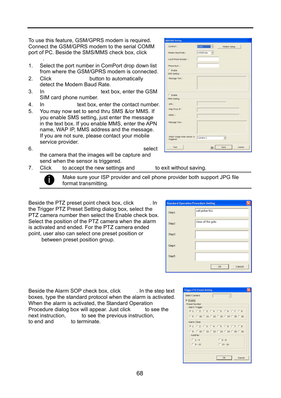 7 to setup sms/mms setting, To setup sms/mms setting, To setup ptz preset point | To setup alarm sop, See also, Chapter 5.9.7, Chapter 5.9.8, Chapter 5.9.9 | AVerMedia Technologies NV 6000 EXP User Manual | Page 77 / 120