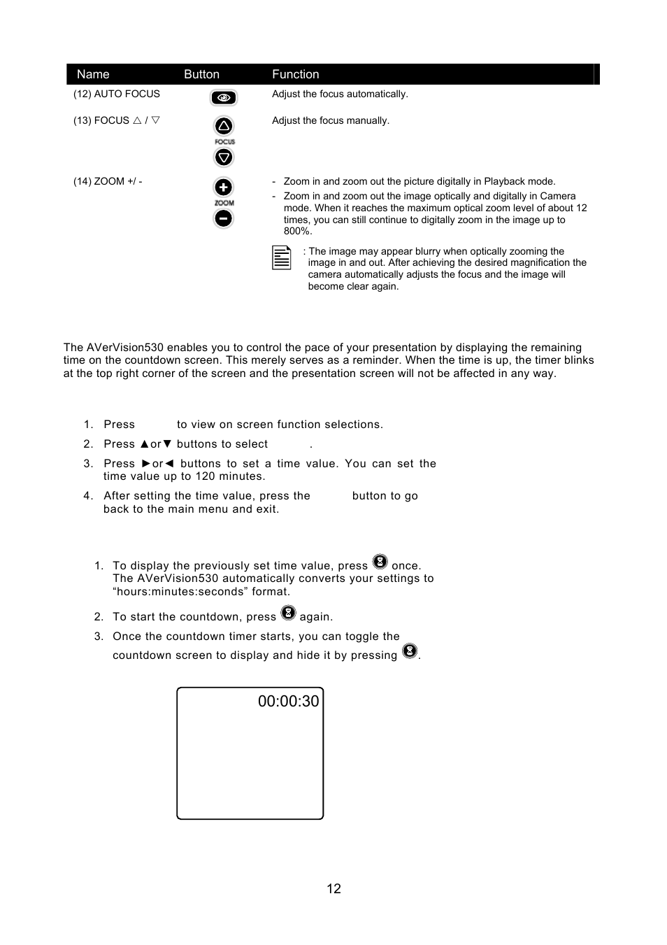 Timer function, To set the timer, To view and start the timer countdown | AVerMedia Technologies AVerVision530 User Manual | Page 13 / 22