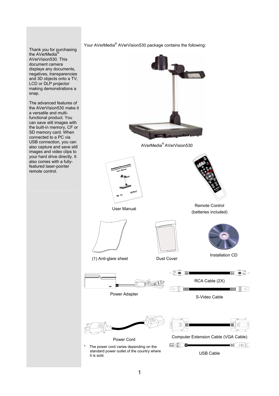 Introduction, Package contents | AVerMedia Technologies AVerVision530 User Manual | Page 2 / 22