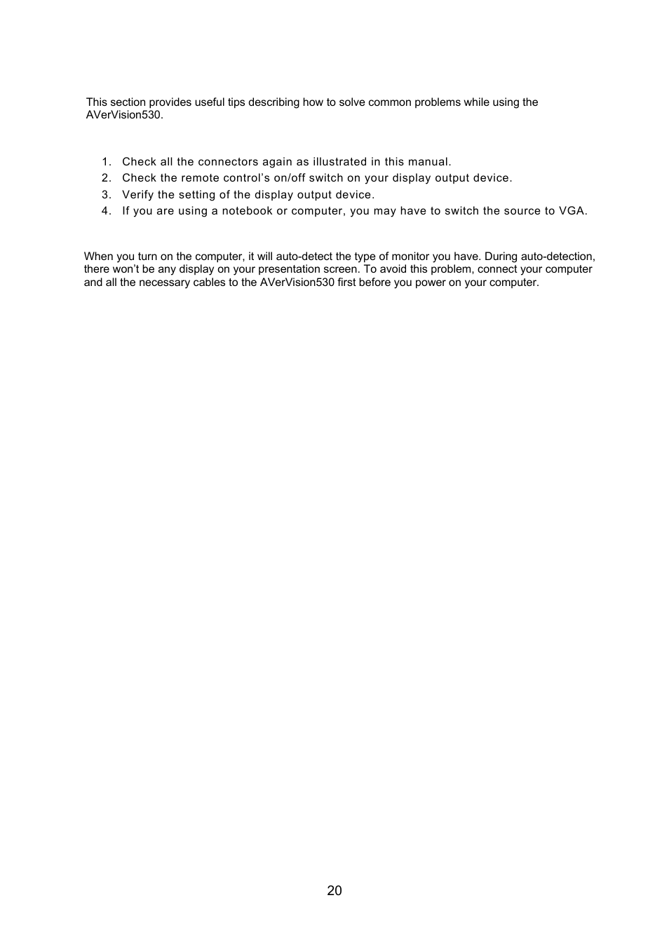 Troubleshooting | AVerMedia Technologies AVerVision530 User Manual | Page 21 / 22