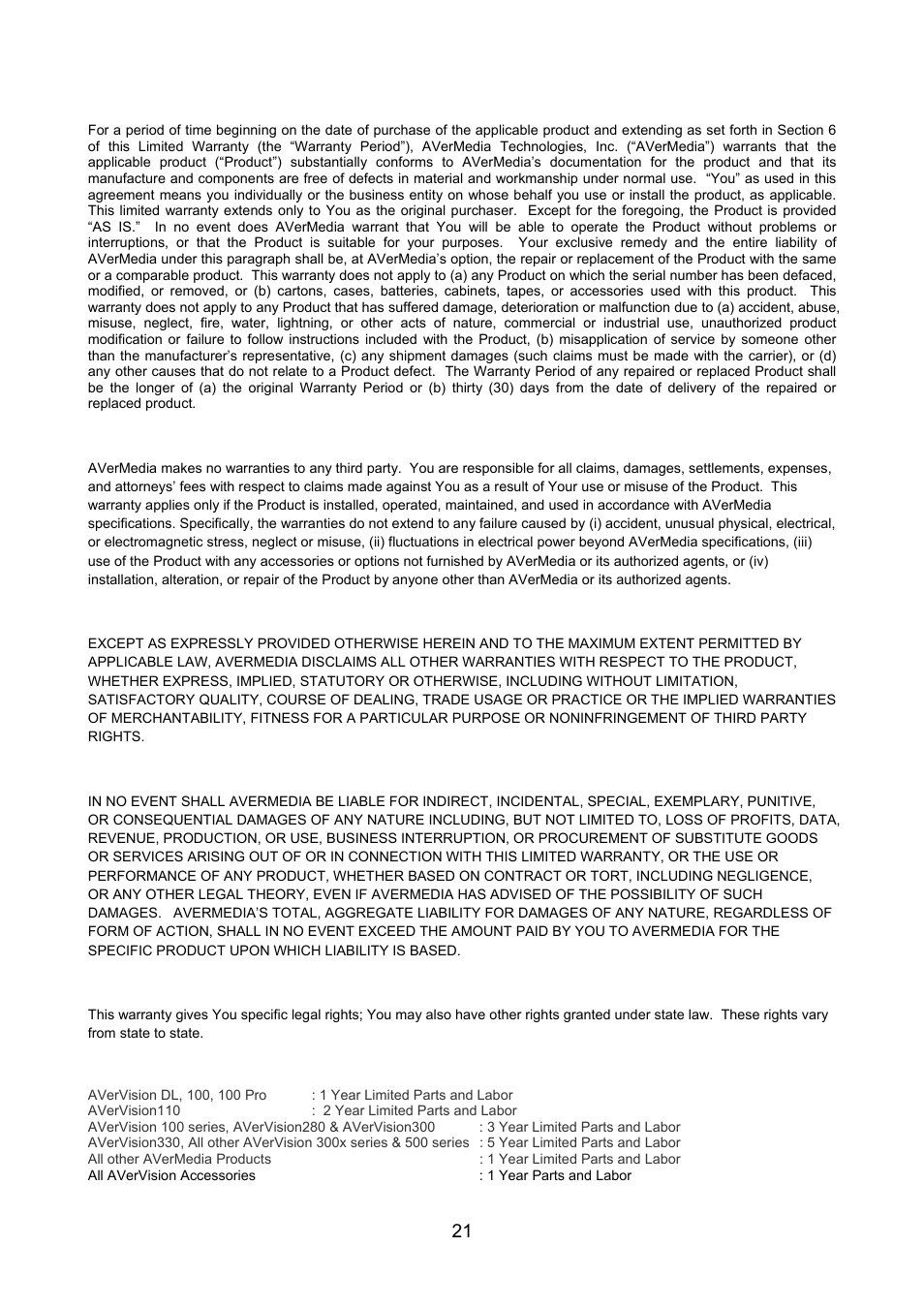 Limited warranty, Limitations of warranty, Disclaimer of warranty | Limitation of liability, Governing law and your rights, Warranty period of avermedia product purchased | AVerMedia Technologies AVerVision530 User Manual | Page 22 / 22