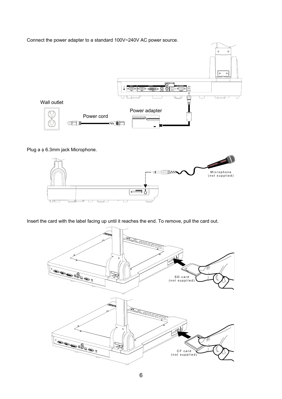 Connecting the power adapter, Connecting a microphone, Inserting and ejecting a memory card | AVerMedia Technologies AVerVision530 User Manual | Page 7 / 22