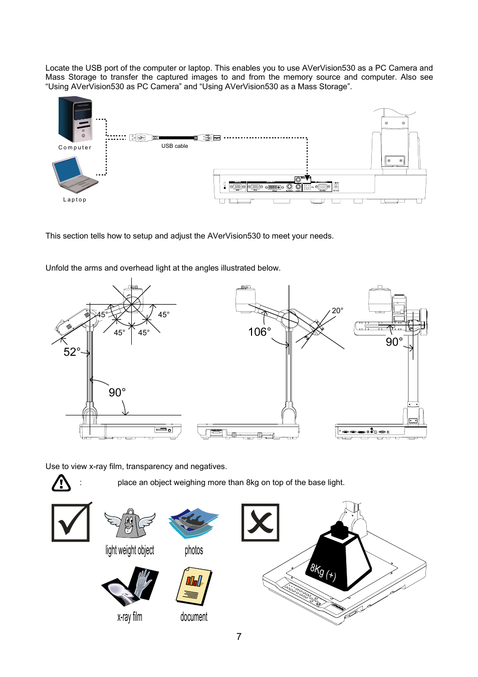 Connecting a computer via usb connection, Setting up avervision530, Arms and overhead light | Base light | AVerMedia Technologies AVerVision530 User Manual | Page 8 / 22