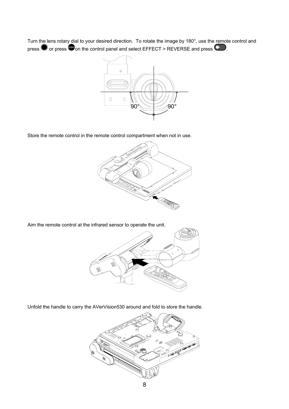 Lens rotary dial, Remote control compartment, Infrared sensor | Carrying handle, Foldable handle | AVerMedia Technologies AVerVision530 User Manual | Page 9 / 22