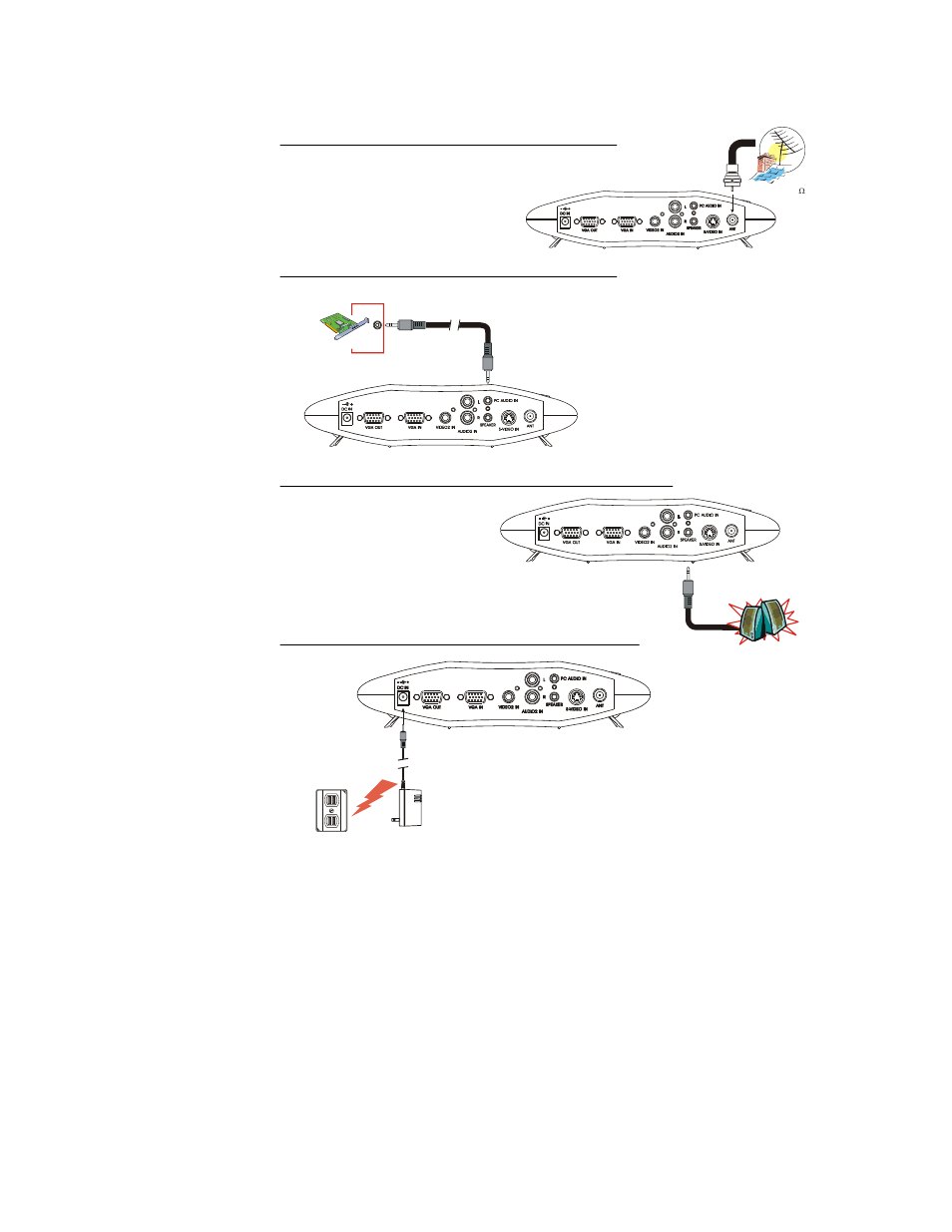 Connecting the antenna, Connecting an audio cable, Connecting the external amplified speaker | Connecting the power adapter | AVerMedia Technologies TV TUNER BOX User Manual | Page 9 / 19