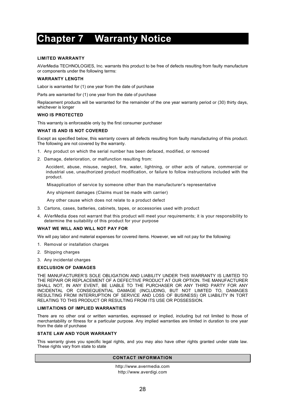 Chapter 7 warranty notice | AVerMedia Technologies EB1304 MPEG4+ User Manual | Page 32 / 32