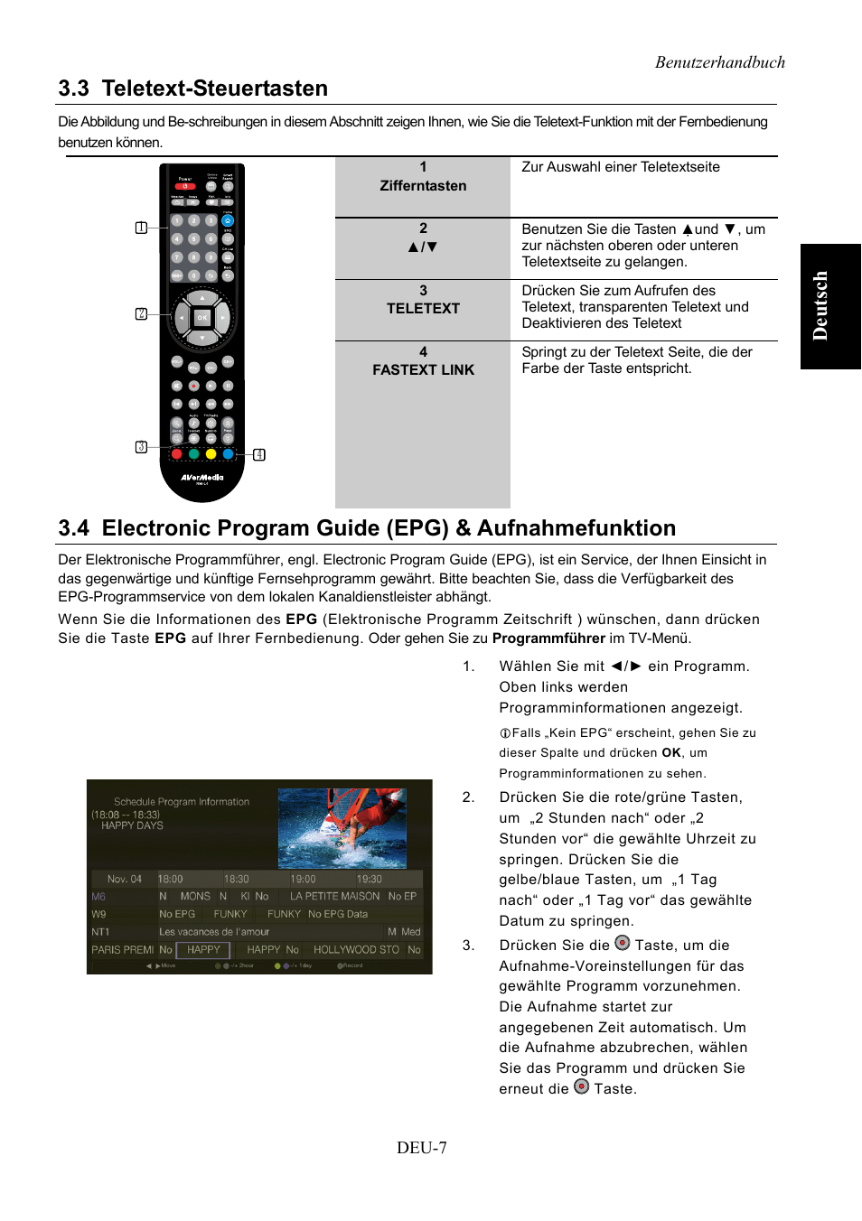 Teletext-steuertasten, Electronic program guide (epg) & aufnahmefunktion, 3 teletext-steuertasten | Deut sch | AVerMedia Technologies AVerLife HD Theater A211 User Manual | Page 25 / 96