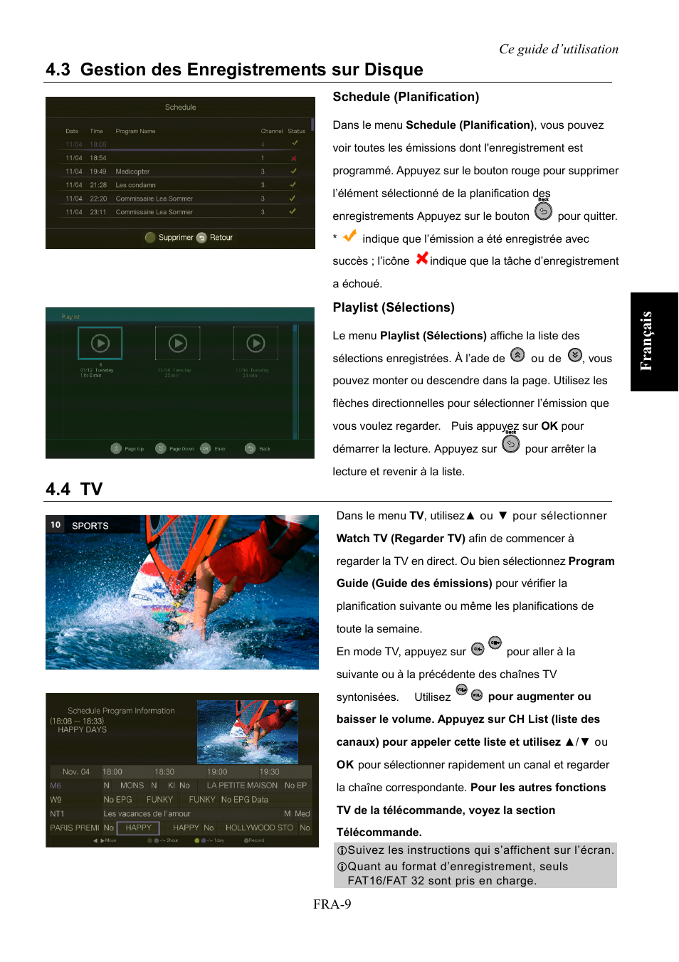 Record management (disque), 3 gestion des enregistrements sur disque, 4 tv | Franç ais | AVerMedia Technologies AVerLife HD Theater A211 User Manual | Page 39 / 96