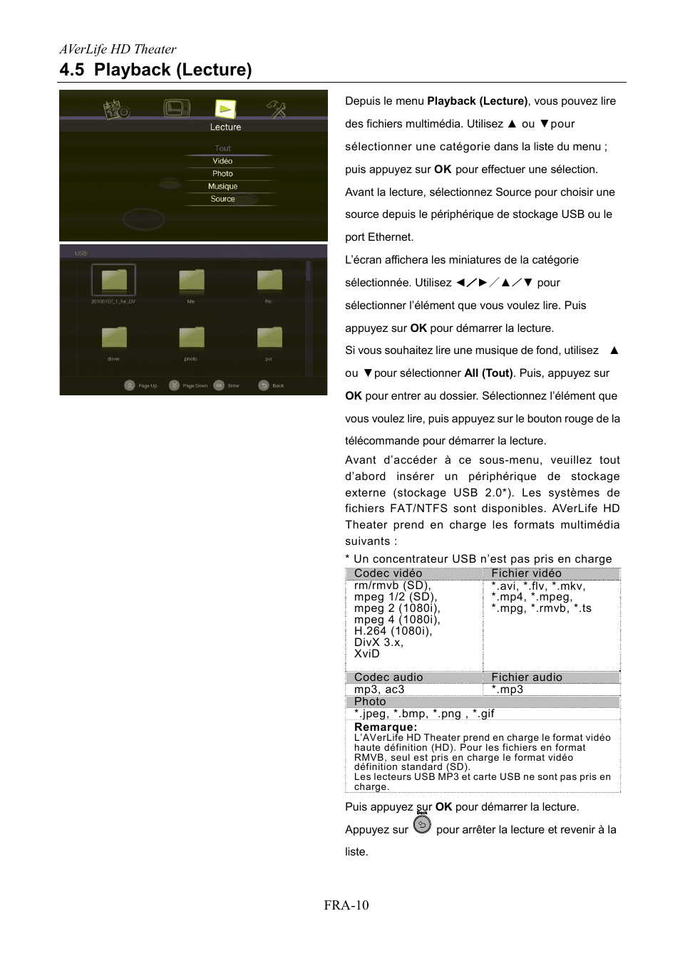 Playback (lecture), 5 playback (lecture), Averlife hd theater fra-10 | AVerMedia Technologies AVerLife HD Theater A211 User Manual | Page 40 / 96