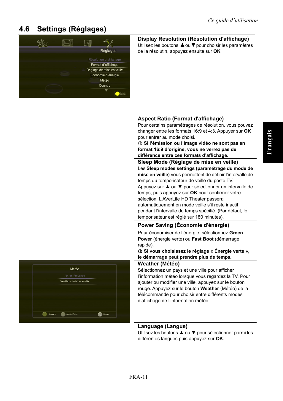 Settings (réglages), 6 settings (réglages), Franç ais | AVerMedia Technologies AVerLife HD Theater A211 User Manual | Page 41 / 96
