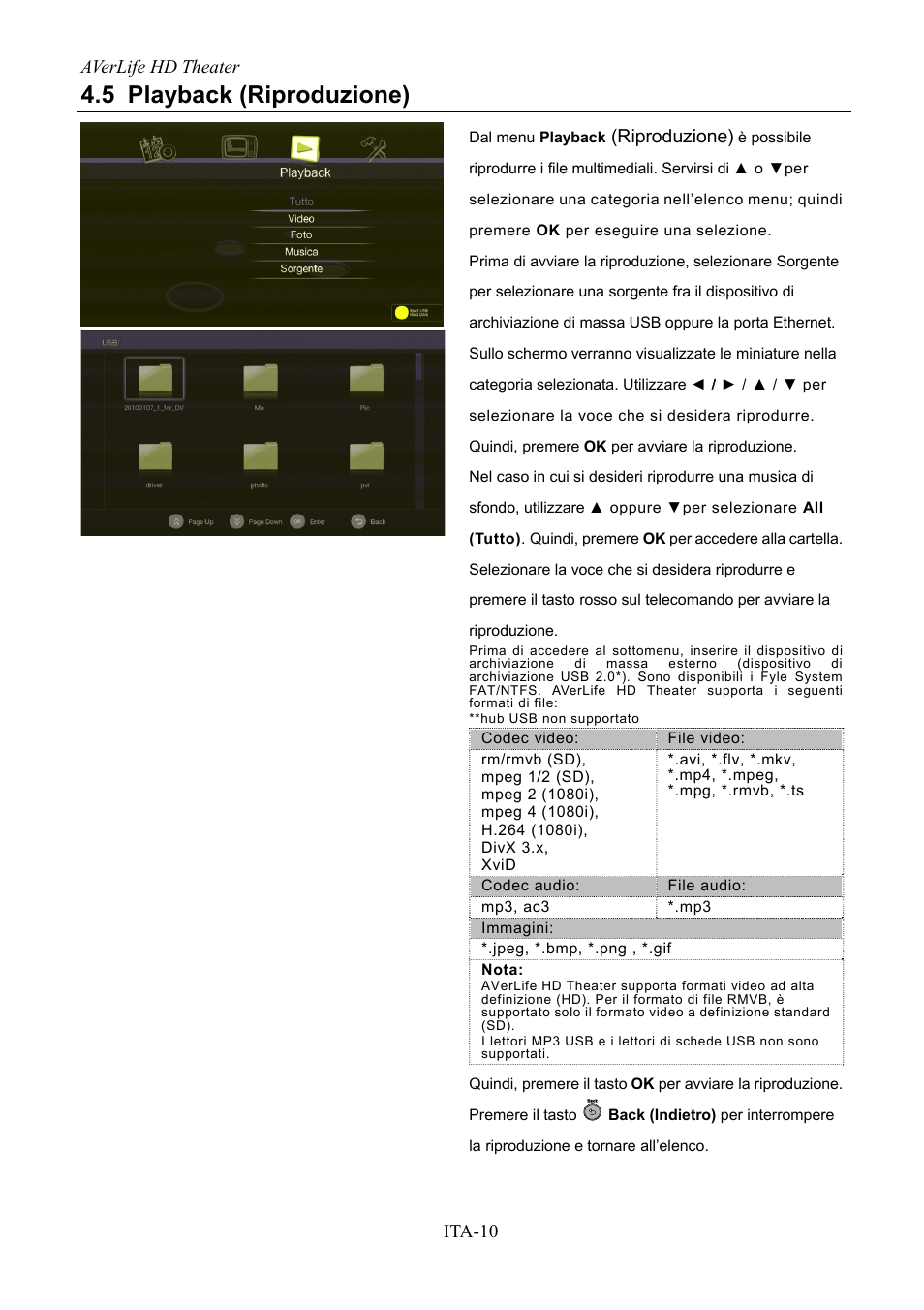 Playback (riproduzione), 5 playback (riproduzione), Averlife hd theater ita-10 | Riproduzione) | AVerMedia Technologies AVerLife HD Theater A211 User Manual | Page 52 / 96