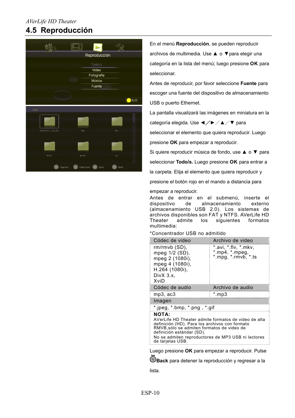 Reproducción, 5 reproducción, Averlife hd theater esp-10 | AVerMedia Technologies AVerLife HD Theater A211 User Manual | Page 64 / 96