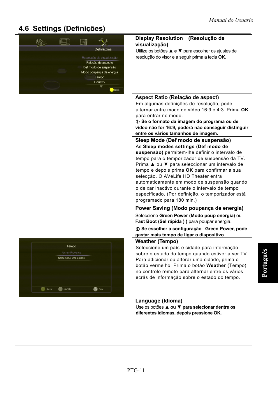 Settings (definições), 6 settings (definições), Português | AVerMedia Technologies AVerLife HD Theater A211 User Manual | Page 77 / 96