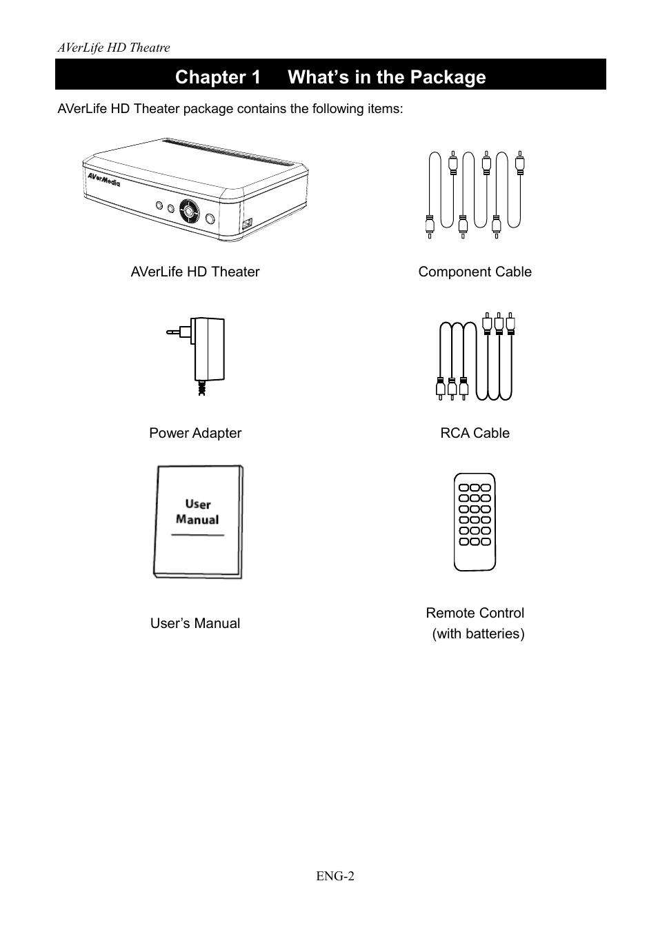 Chapter 1, What’s in the package, Chapter 1 what’s in the package | AVerMedia Technologies AVerLife HD Theater A211 User Manual | Page 8 / 96