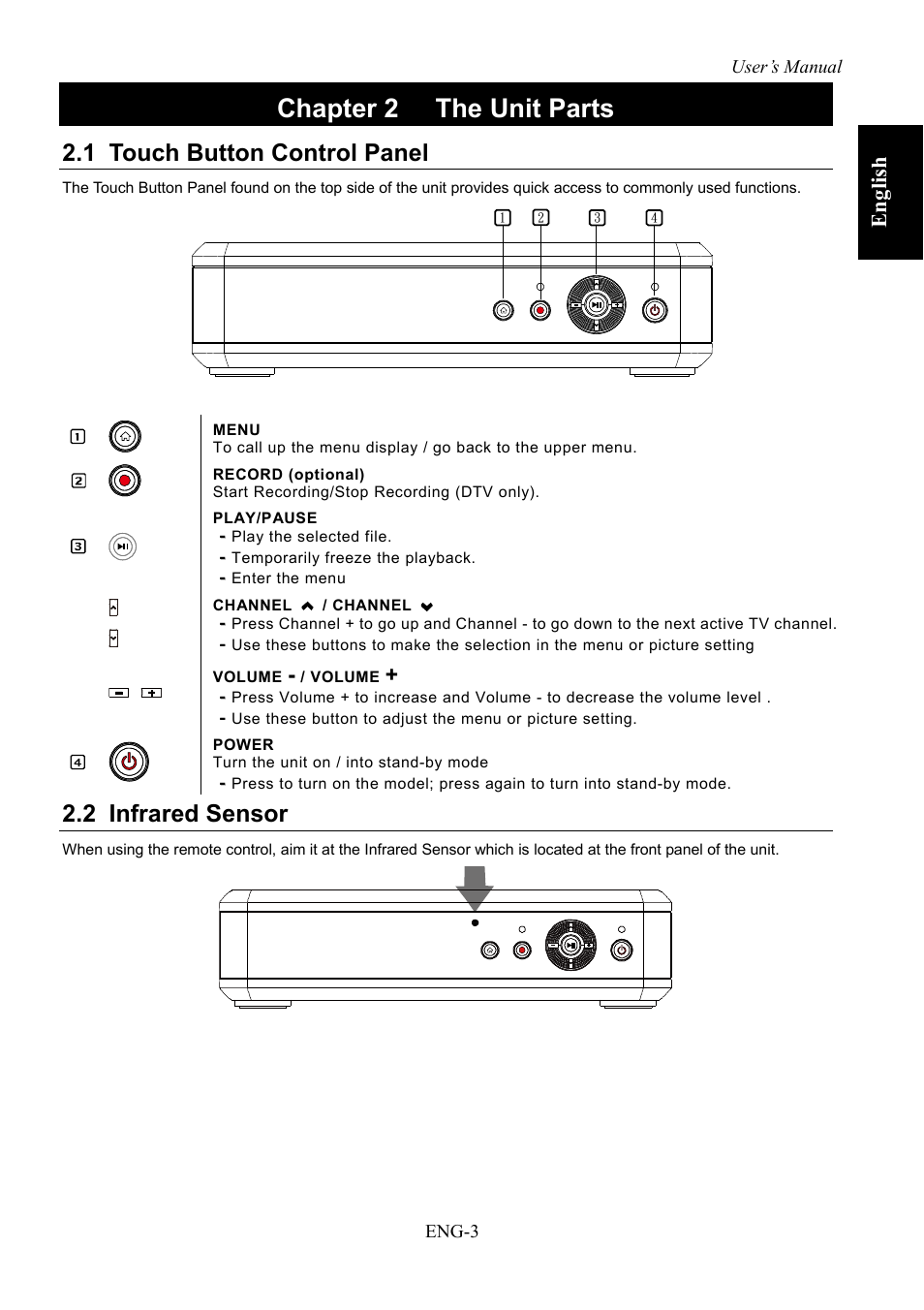 Chapter 2, The unit parts, Touch button control panel | Infrared sensor, Chapter 2 the unit parts, 1 touch button control panel, 2 infrared sensor, Eng lish | AVerMedia Technologies AVerLife HD Theater A211 User Manual | Page 9 / 96