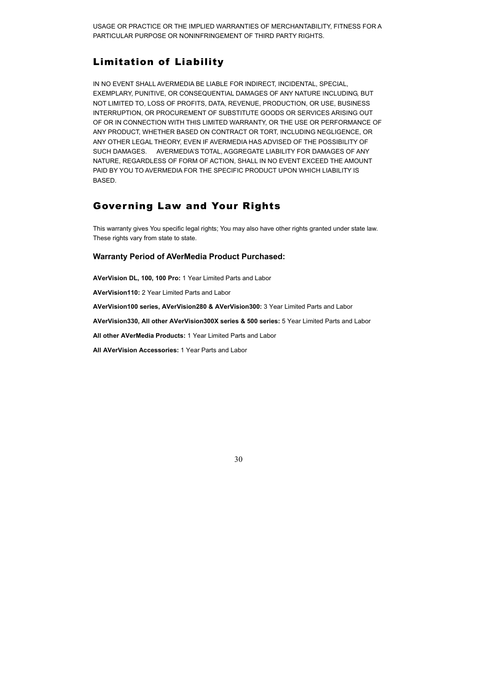 Limitation of liability, Gover ning law and your rights | AVerMedia Technologies AVerVision300i User Manual | Page 36 / 38