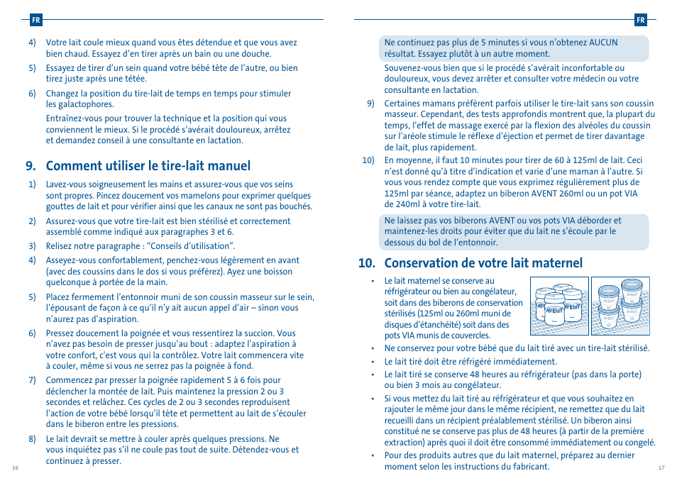 Comment utiliser le tire-lait manuel, Conservation de votre lait maternel | Philips AVENT Tire-lait manuel User Manual | Page 11 / 25