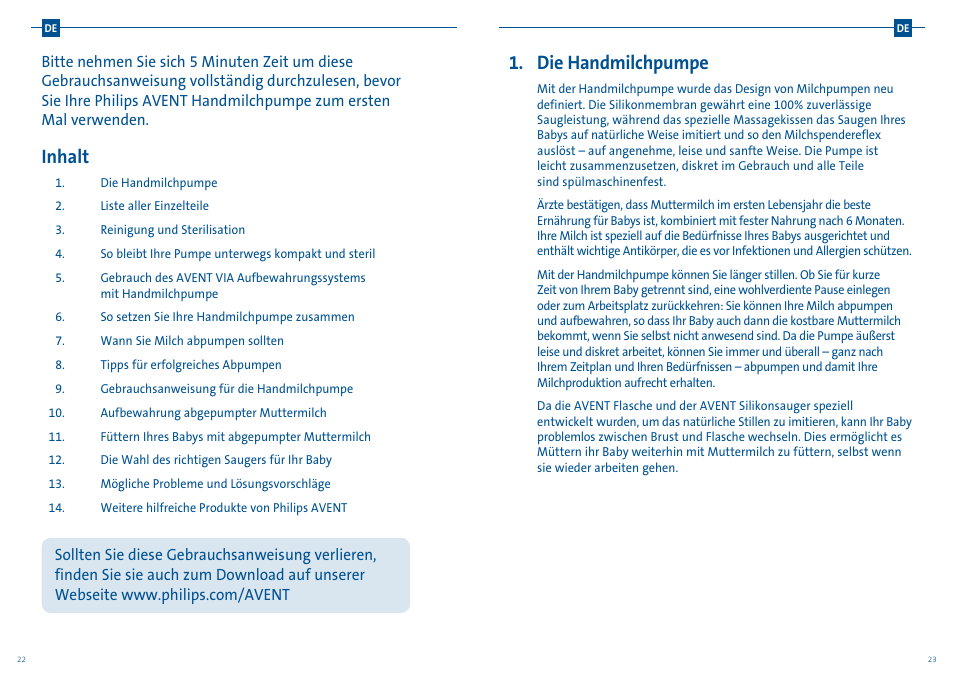 Die handmilchpumpe, Inhalt | Philips AVENT Tire-lait manuel User Manual | Page 14 / 25