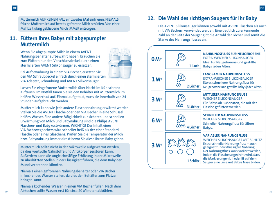 Füttern ihres babys mit abgepumpter muttermilch, Die wahl des richtigen saugers für ihr baby | Philips AVENT Tire-lait manuel User Manual | Page 18 / 25