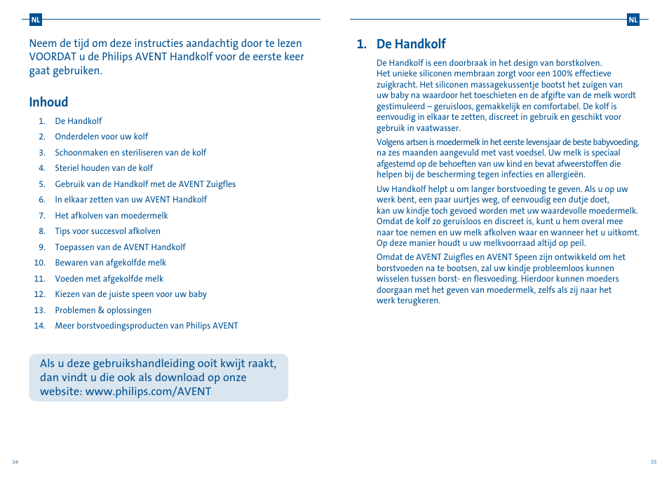 Inhoud, De handkolf | Philips AVENT Tire-lait manuel User Manual | Page 20 / 25