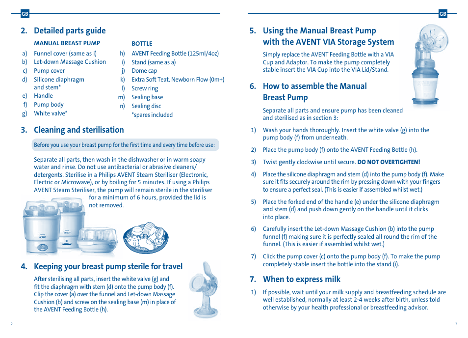 Detailed parts guide, Cleaning and sterilisation, Keeping your breast pump sterile for travel | How to assemble the manual breast pump, When to express milk | Philips AVENT Tire-lait manuel User Manual | Page 4 / 25