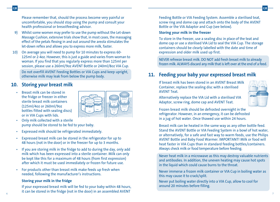 Storing your breast milk, Feeding your baby your expressed breast milk | Philips AVENT Tire-lait manuel User Manual | Page 6 / 25