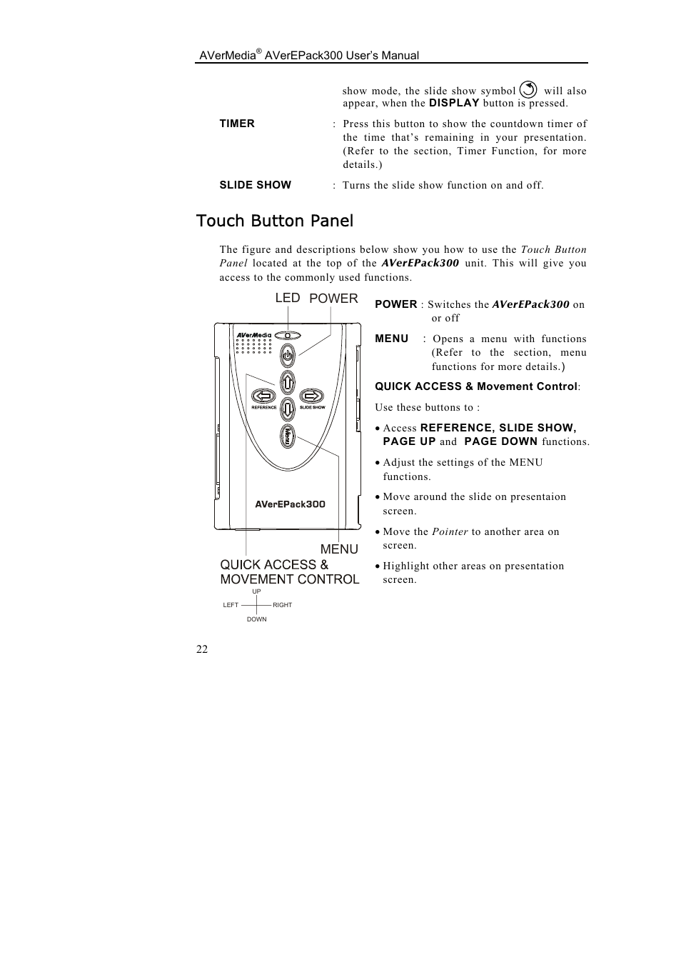 Touch button panel | AVerMedia Technologies AverEPack300 User Manual | Page 26 / 38