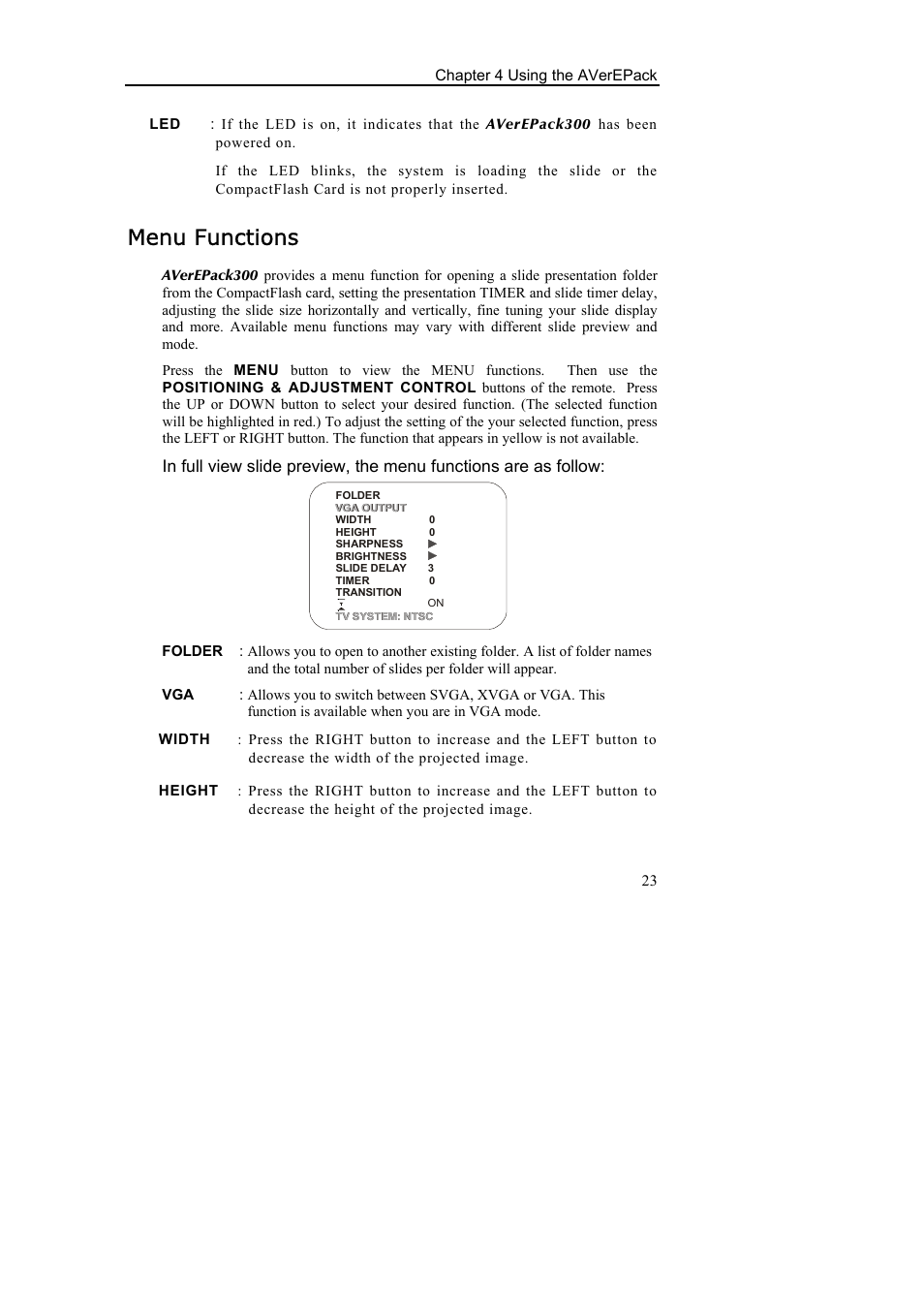 Menu functions | AVerMedia Technologies AverEPack300 User Manual | Page 27 / 38