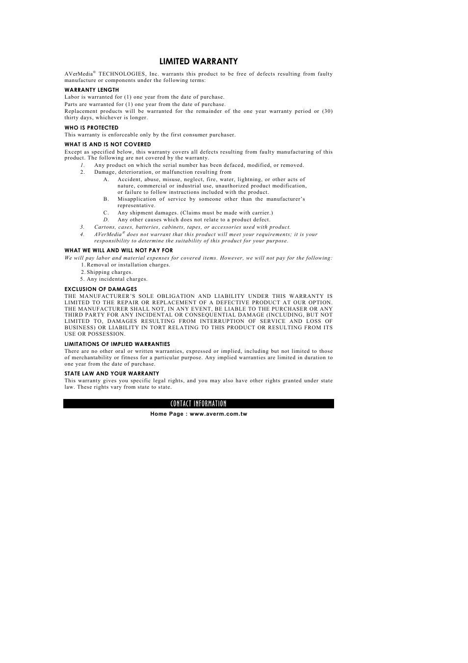 Limited warranty, Contact information | AVerMedia Technologies AverEPack300 User Manual | Page 37 / 38