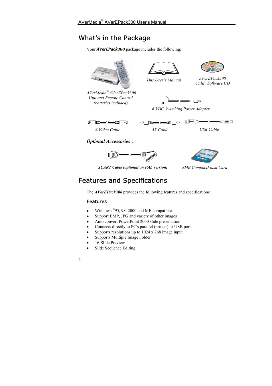 What’s in the package, Features and specifications | AVerMedia Technologies AverEPack300 User Manual | Page 6 / 38