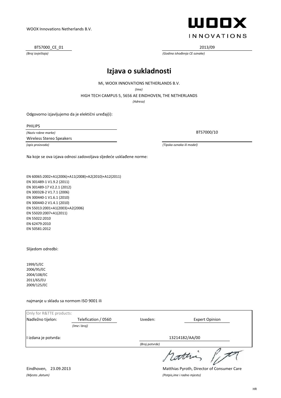 Izjava o sukladnosti | Philips Fidelio enceintes sans fil stéréo User Manual | Page 16 / 21