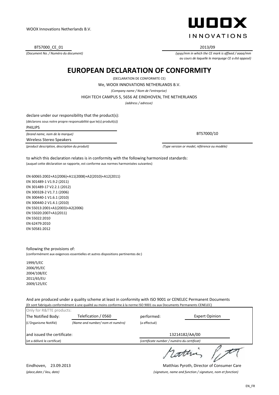 European declaration of conformity | Philips Fidelio enceintes sans fil stéréo User Manual | Page 2 / 21