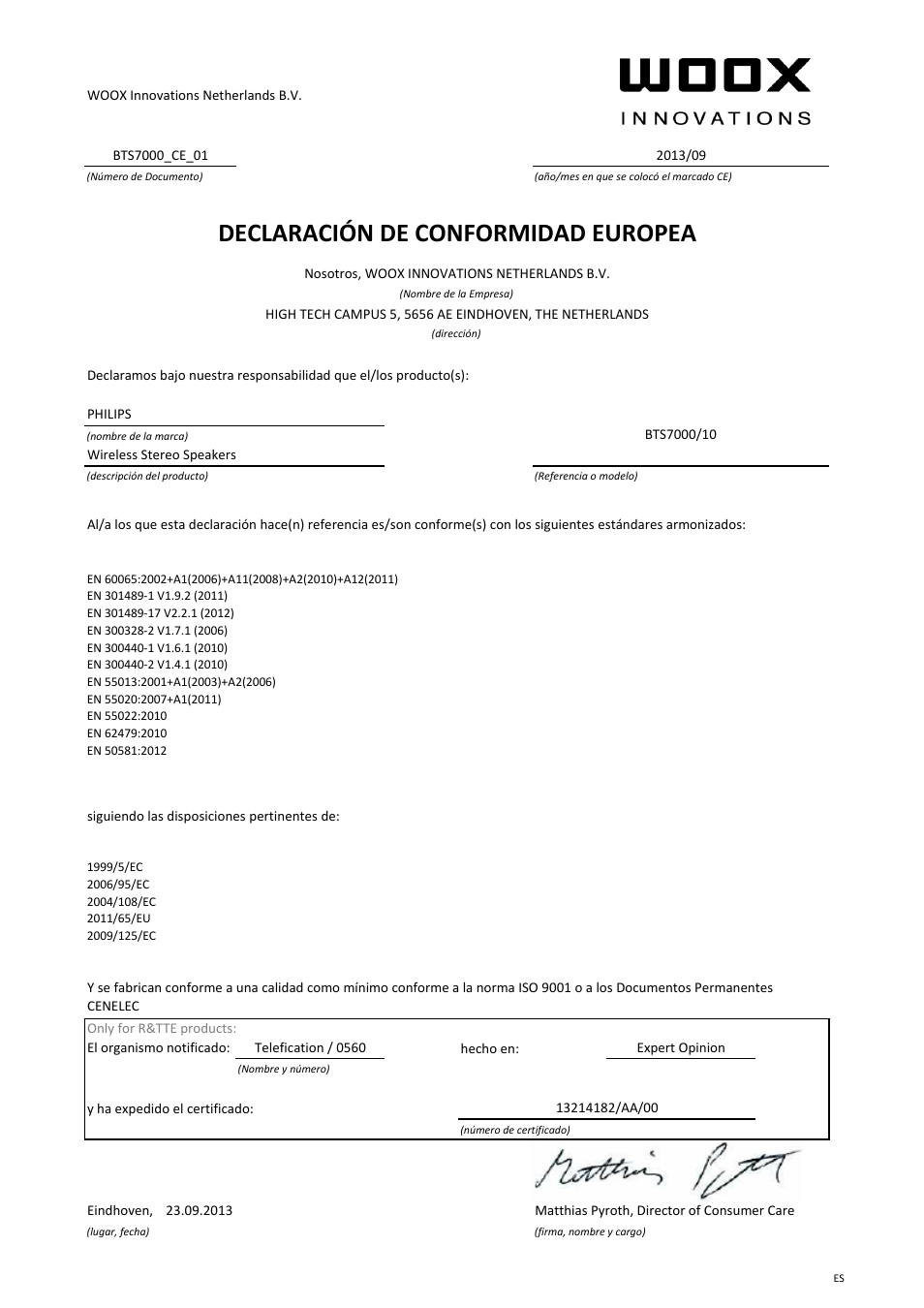 Declaración de conformidad europea | Philips Fidelio enceintes sans fil stéréo User Manual | Page 7 / 21