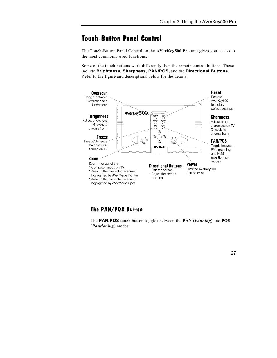 Touch-button panel control, The pan/pos button | AVerMedia Technologies 500 User Manual | Page 30 / 37