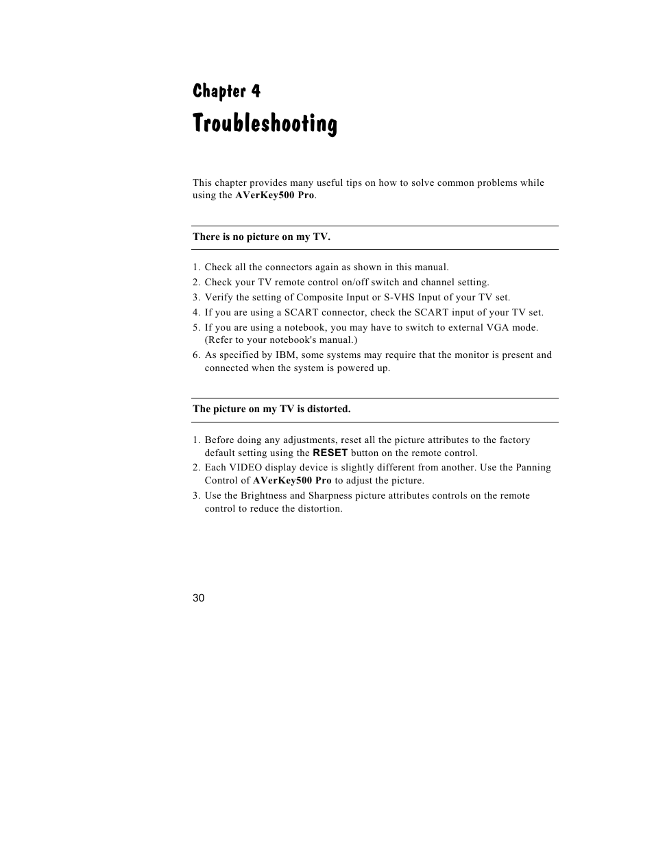 Troubleshooting, Chapter 4 | AVerMedia Technologies 500 User Manual | Page 33 / 37