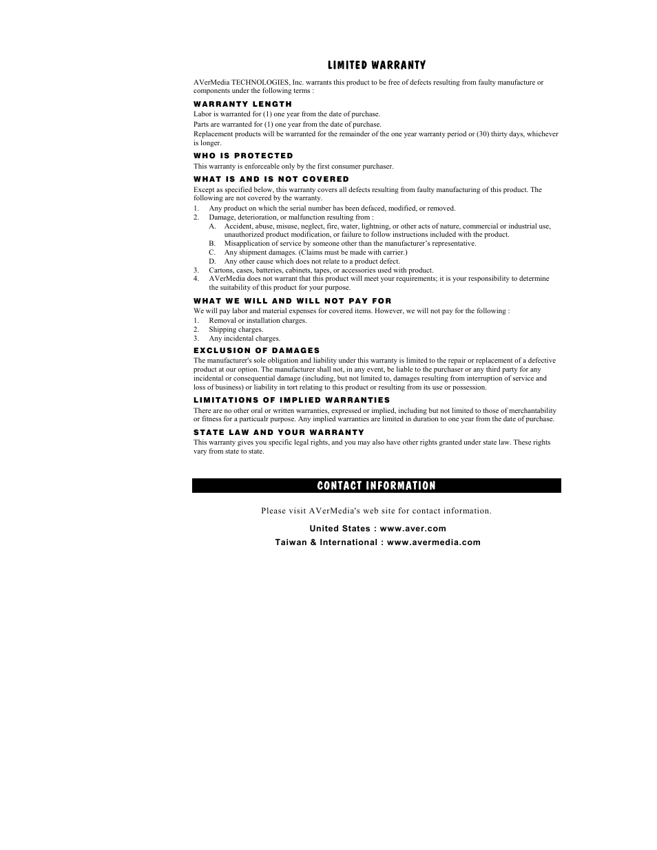 Limited warranty, Contact information | AVerMedia Technologies 500 User Manual | Page 37 / 37