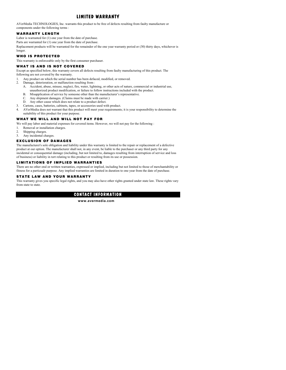 Limited warranty, Contact information | AVerMedia Technologies AVerKey300 User Manual | Page 32 / 32