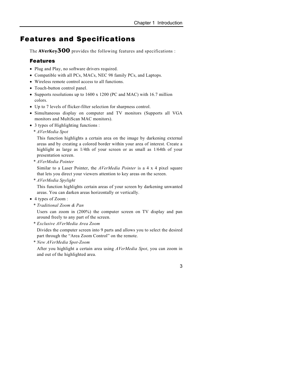 Features and specifications | AVerMedia Technologies AVerKey300 User Manual | Page 6 / 32