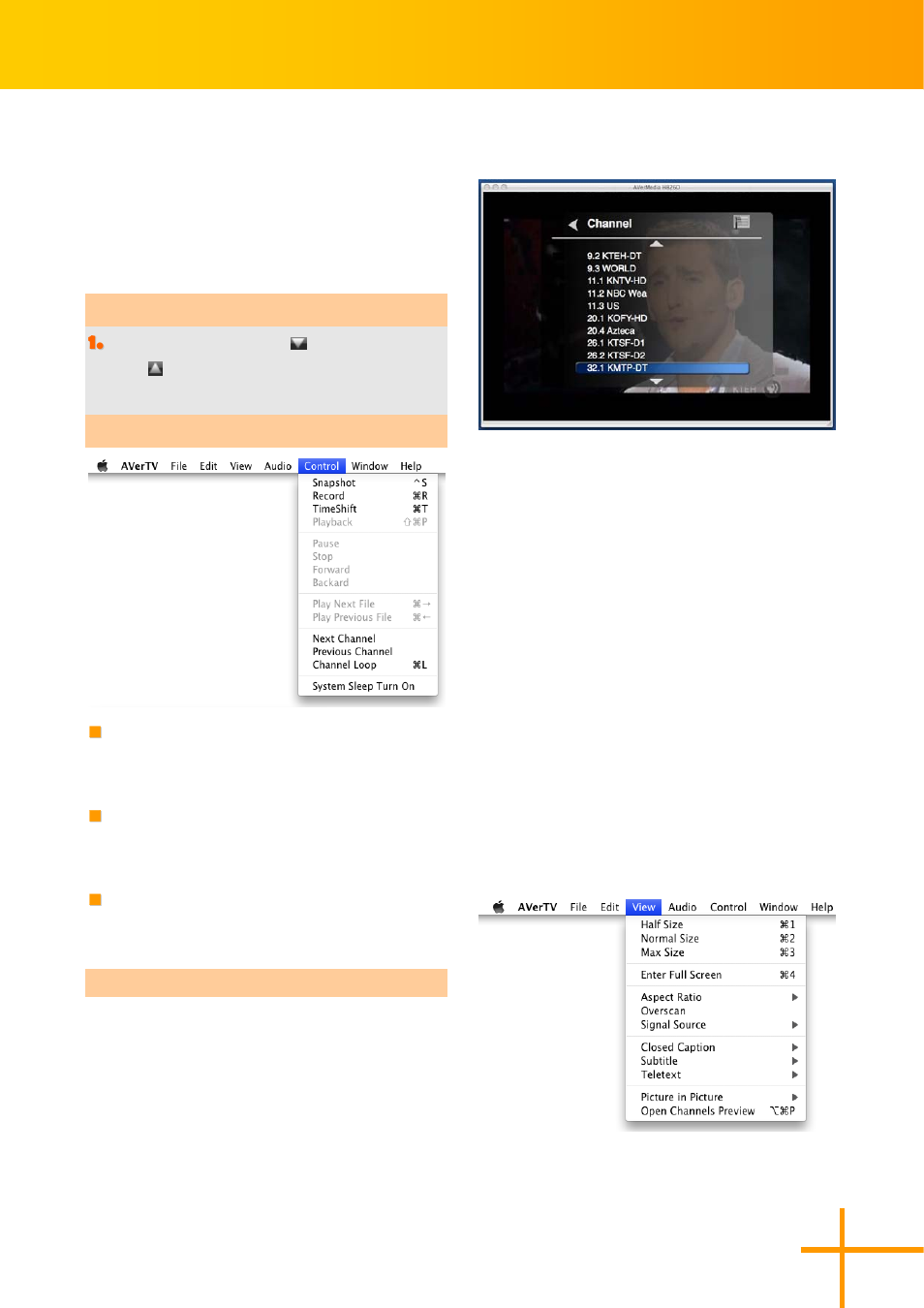 Operate by control panel, Operate by control menu, Previous channel | Next channel, Channel loop, Switching channel by keyboard, Watch tv, Channel preview | AVerMedia Technologies AverTV for Mac 2 User Manual | Page 20 / 51