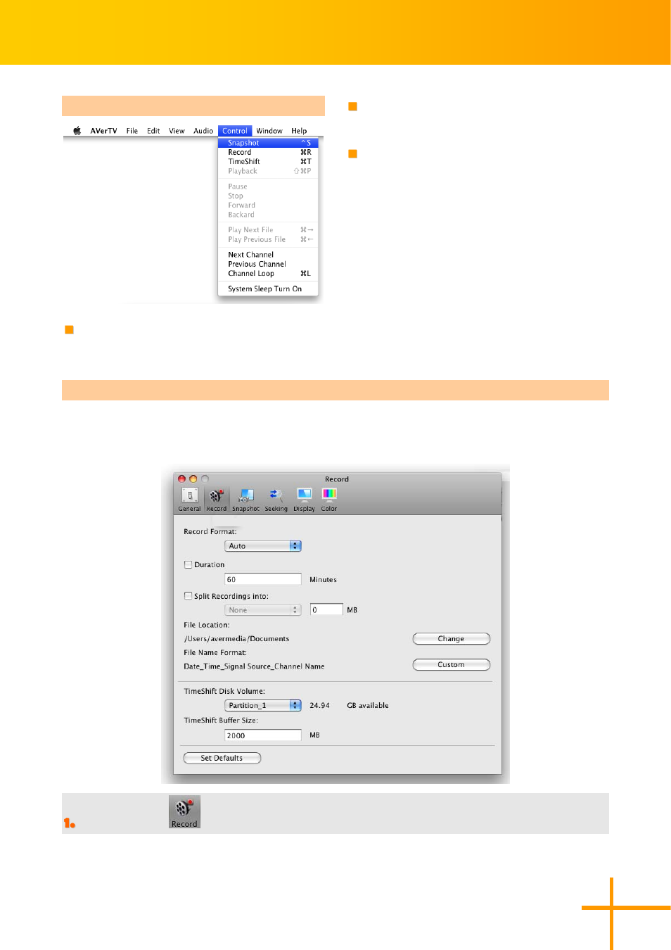 Operate by control menu, Timeshift, Pause | Stop, Timeshift setting | AVerMedia Technologies AverTV for Mac 2 User Manual | Page 22 / 51