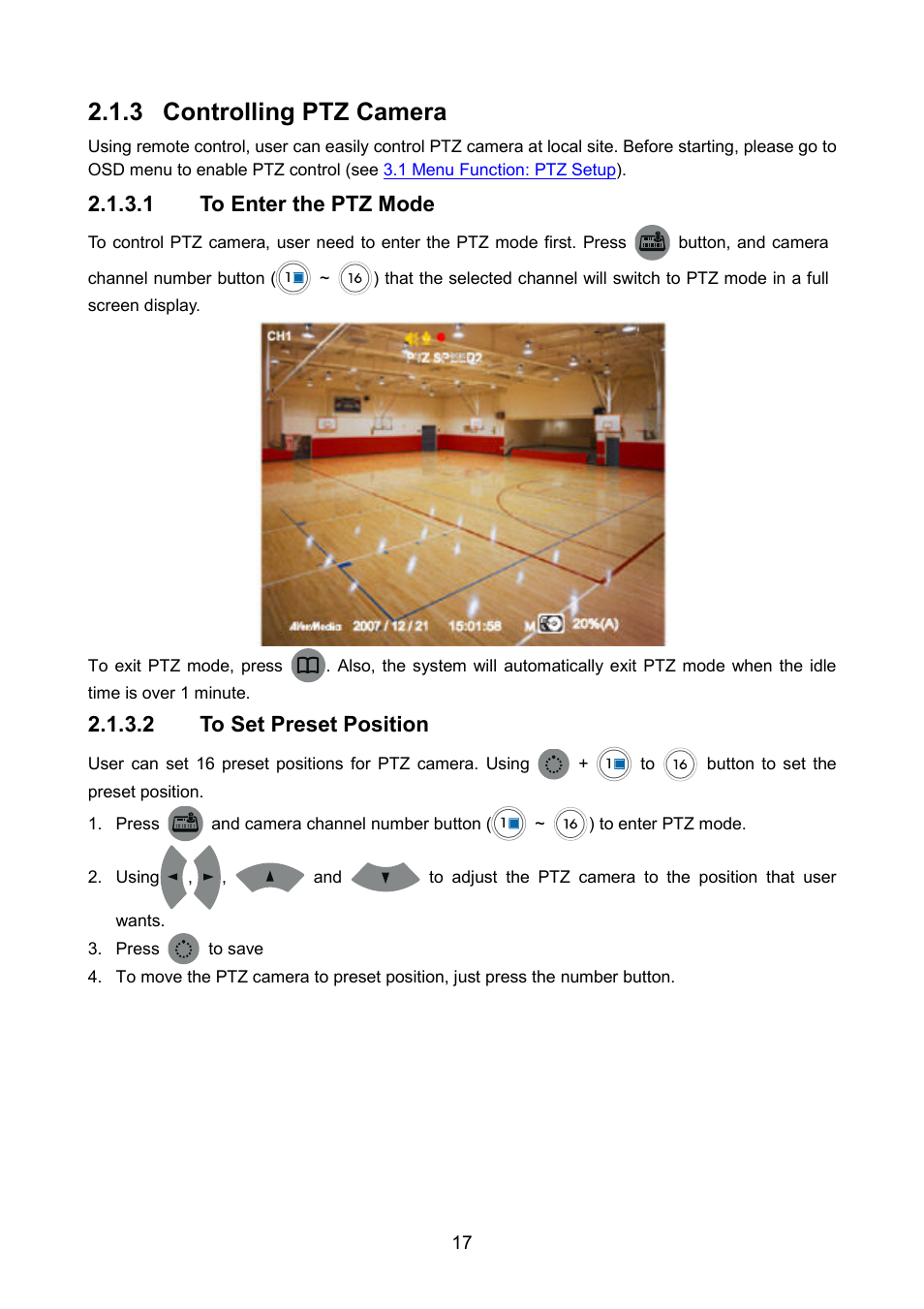 3 controlling ptz camera, 1 to enter the ptz mode, 2 to set preset position | AVerMedia Technologies AVERDIGI EB5416DVD User Manual | Page 23 / 79