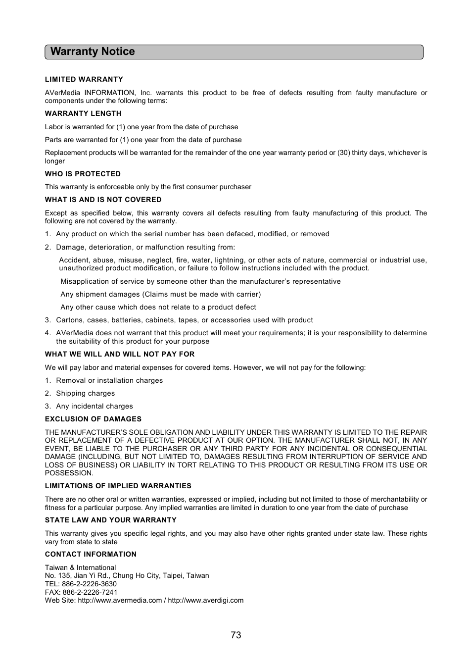 Warranty notice | AVerMedia Technologies AVERDIGI EB5416DVD User Manual | Page 79 / 79