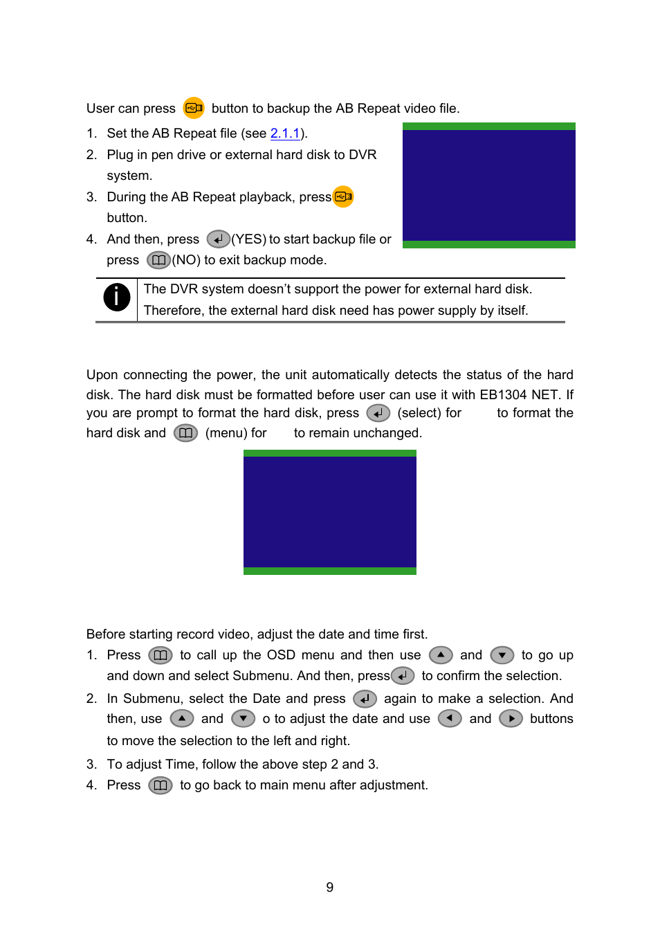 2 using usb backup button, 1 set up the system date and time, Using the eb1304 net for the first time | AVerMedia Technologies AVERDIGI EB1304 User Manual | Page 15 / 56