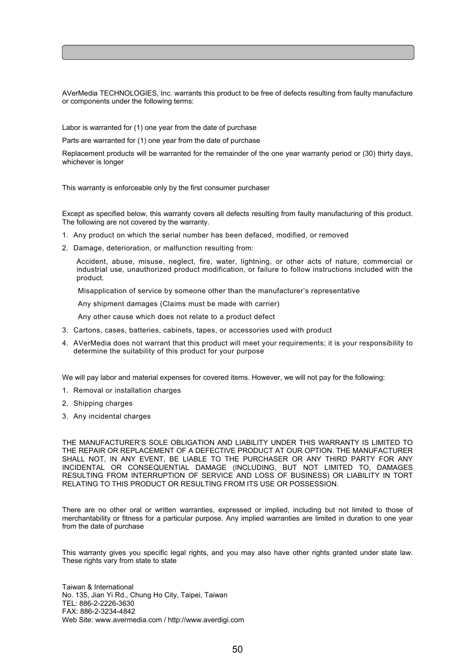 Warranty notice | AVerMedia Technologies AVERDIGI EB1304 User Manual | Page 56 / 56